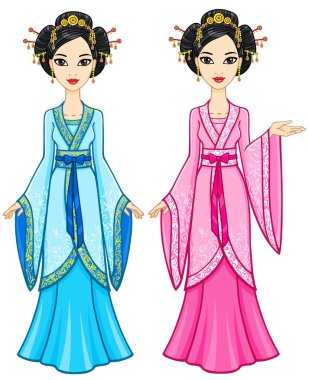 Two animation Asian girls in different poses in traditional clothes. Full growth. Vector illustration isolated on a white background.