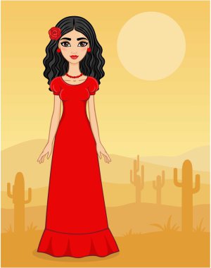 Kaktüsler ile bir çöl arka plan üzerinde Animasyon Meksikalı kız.