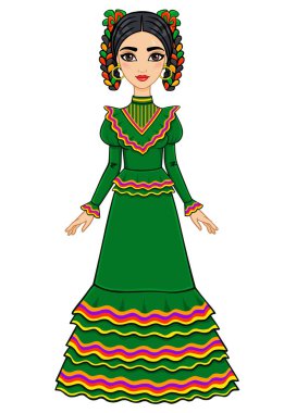 Animasyon Meksikalı kız eski bir elbise içinde. Beyaz arka planda yalıtılmış.