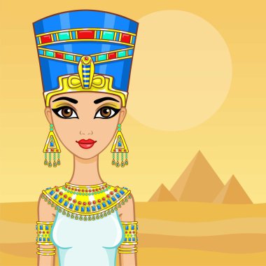 Mısır Kraliçesi animasyon portresi. Arka plan - bir manzara çöl, piramitler. Metin için yer.