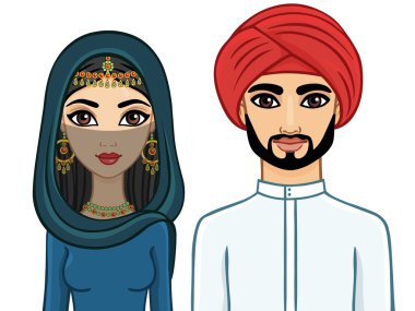 Animasyon Arap aile: erkek ve geleneksel giysiler ve hijab kadın. Izole.
