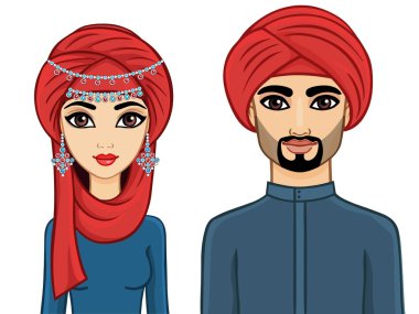 Animasyon Arap aile: erkek ve geleneksel giysiler ve türbanlı kadın. Izole.