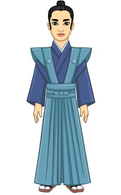 Animasyon samuray Japon adam portresi. Tam büyüme. Beyaz bir arka plan üzerinde izole.