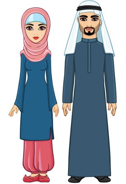 Animasyon Arap aile: erkek ve kadın giyim ve Tesettür. İzole. Tam uzunlukta vektör portre.