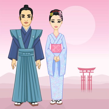Animasyon Japon aile eski giysiler içinde. Bir arka plan - bir dağ manzarası. Tam büyüme.