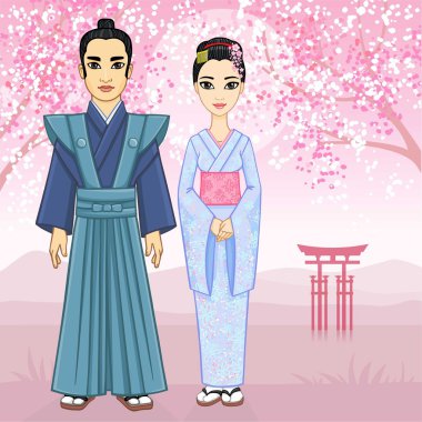 Animasyon Japon aile eski giysiler içinde. Arka plan - bir dağ manzarası kiraz çiçek açması Oriental. Tam büyüme.