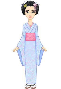 Animasyon bir kimono Japon kız. Tam büyüme. Vektör çizim, beyaz bir arka plan üzerinde izole.