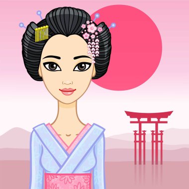 Animasyon Doğu pembe bir manzara üzerinde geleneksel giysileri güzel Japon kızı.