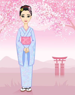 Animasyon Japon kız. Arka plan - bir dağ manzarası.