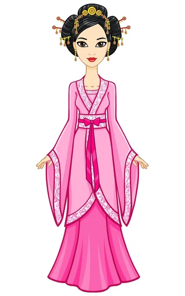 Animasi gadis Asia dengan gaun tradisional merah muda. Pertumbuhan penuh. Ilustrasi vektor diisolasi pada latar belakang putih . - Stok Vektor