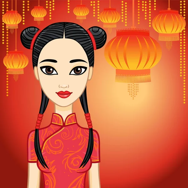 Animation Asian girl with festive lamps. — 图库矢量图片