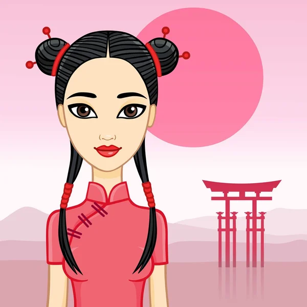 Animáció gyönyörű kínai lány a hagyományos ruhák a keleti rózsaszín táj. — Stock Vector