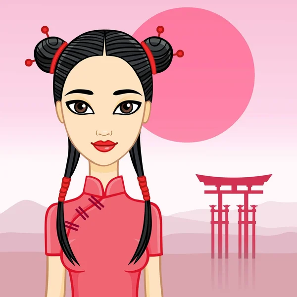 Animación hermosa chica china en una ropa tradicional en un paisaje de color rosa este . — Vector de stock