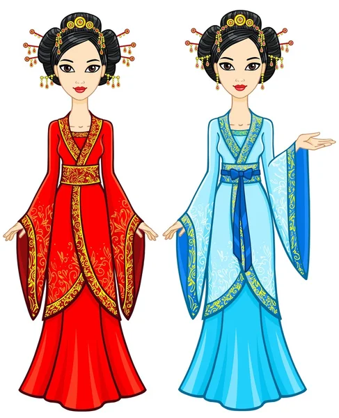 Dua animasi gadis Asia dalam pose yang berbeda dalam pakaian tradisional. Pertumbuhan penuh. Ilustrasi vektor diisolasi pada latar belakang putih . - Stok Vektor