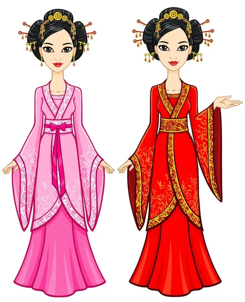 Two animation Asian girls in different poses in traditional clothes. Full growth. Vector illustration isolated on a white background. — Wektor stockowy