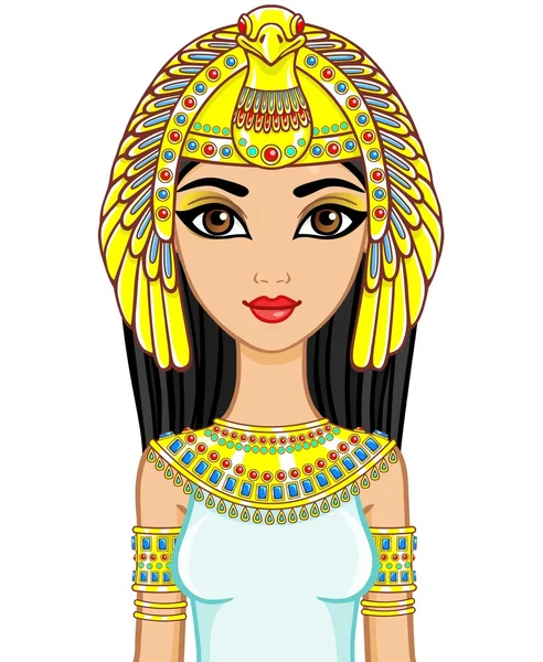 Portré az animáció egyiptomi hercegnő arany ékszerek. Istennő Isida. A vektoros illusztráció izolált fehér alapon. — Stock Vector