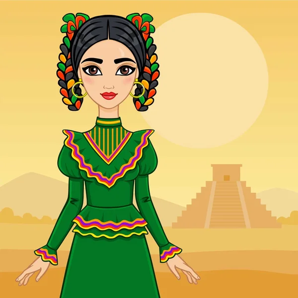 Mexican girl in a traditional dress. Background pyramid Maya. — Stok Vektör