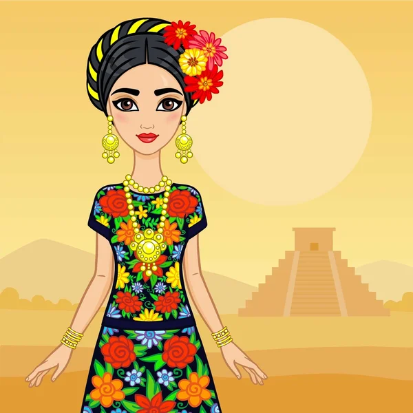 Animación chica mexicana en un vestido festivo y joyas de oro. Pirámide de paisaje de fondo Maya . — Vector de stock