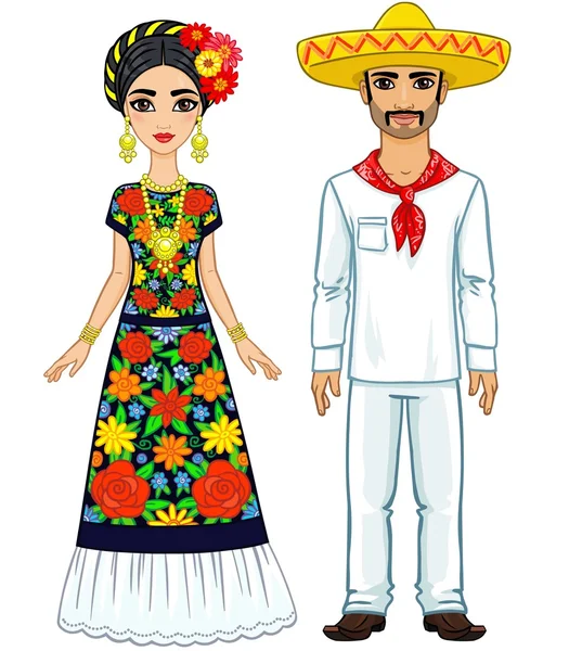 Mexican family in traditional clothes. Isolated on a white background. — Stock Vector