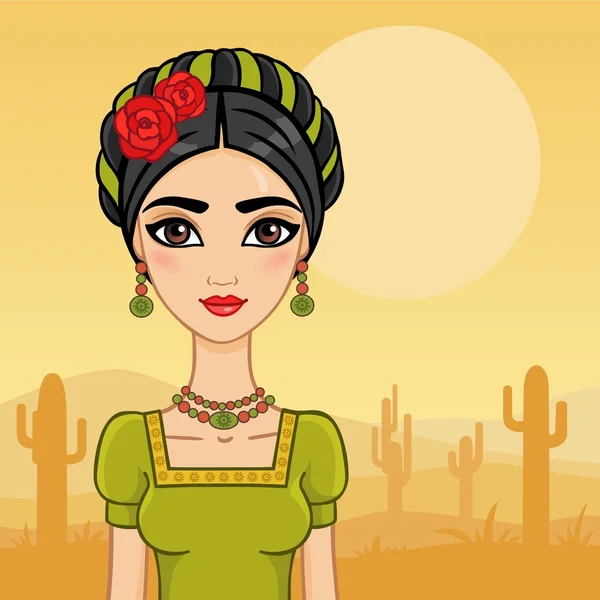 Mexican girl in the desert with cactus. — Stock Vector