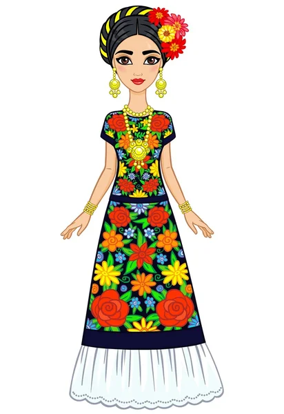 Κινουμένων σχεδίων μεξικάνικο κορίτσι με ένα αρχαίο φόρεμα. Απομονωμένη σε λευκό φόντο. — Διανυσματικό Αρχείο