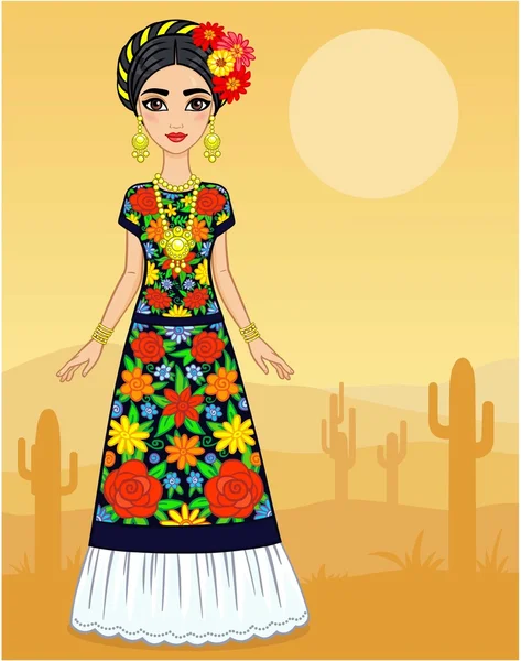 Animation Mexican girl in an ancient dress. Background the desert with cactus. — Stock Vector