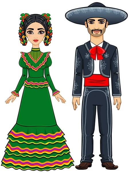 Mexican family in traditional festive clothes. Isolated on a white background. — Stock Vector