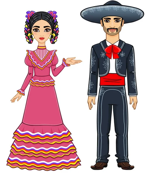 Geleneksel şenlikli kıyafetler içinde Meksikalı aile. Beyaz arka planda yalıtılmış. — Stok Vektör