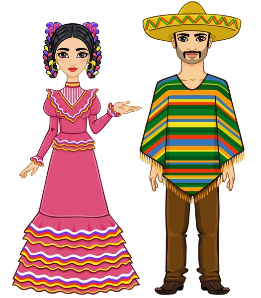 Mexican family in traditional clothes. Isolated on a white background. — Stock Vector