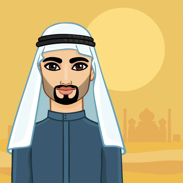 Animatie portret van de Arabische man met een baard in een traditionele keffiyeh, op een woestijn achtergrond. — Stockvector