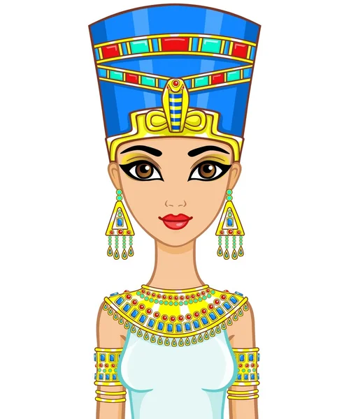 Portrét animace egyptskou princeznu ve zlatých špercích. Královna Nefertiti. Vektorová ilustrace izolovaná na bílém pozadí. — Stockový vektor