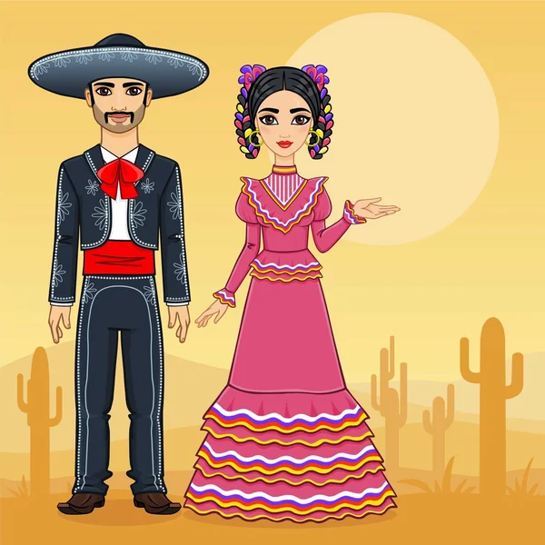 Mexican family in traditional festive clothes. Background the desert with a cactus. — Stock Vector