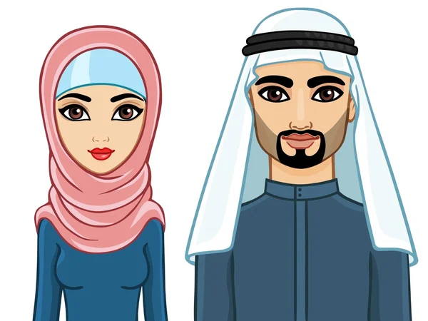 Animation Arab family: the man and the woman in traditional dressed and hijab (dalam bahasa Inggris). Terisolasi . - Stok Vektor