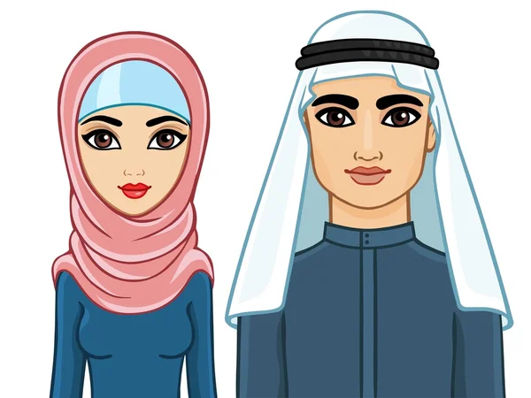 Animáció Arab család: a férfi és a nő a hagyományos ruhákat és hidzsáb. Elszigetelt. — Stock Vector