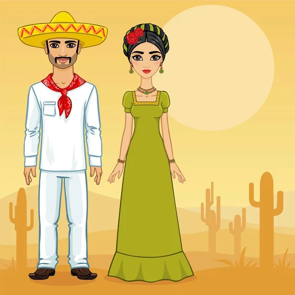 Μεξικάνικη οικογένεια με vintage ρούχα. Φόντο την έρημο με κάκτους. — Διανυσματικό Αρχείο