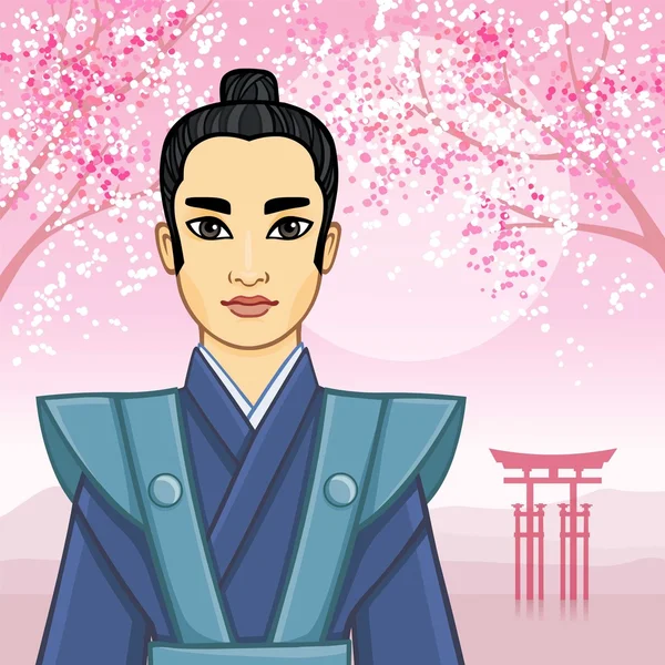 Анимационный портрет самурая на фоне цветущей восточной вишни . — стоковый вектор