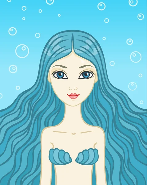 Muotokuva tyttö merenneito pitkät siniset hiukset — vektorikuva