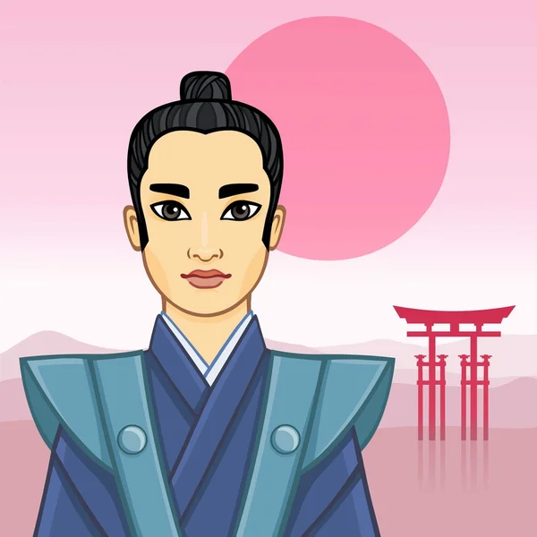 Анимационный портрет самурая на фоне заката . — стоковый вектор