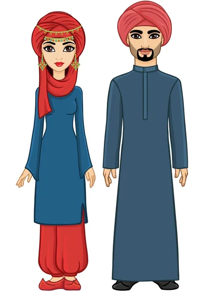 Animación Familia árabe: el hombre y la mujer con ropa tradicional y turbante. Aislado. Retrato de vector de longitud completa . — Vector de stock