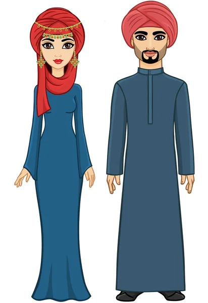 Animación Familia árabe: el hombre y la mujer con ropa tradicional y turbante. Aislado. Retrato de vector de longitud completa . — Vector de stock