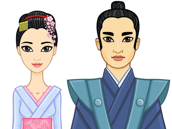 动画的一个日本家庭肖像。艺伎和武士。在白色背景上孤立. — 图库矢量图片