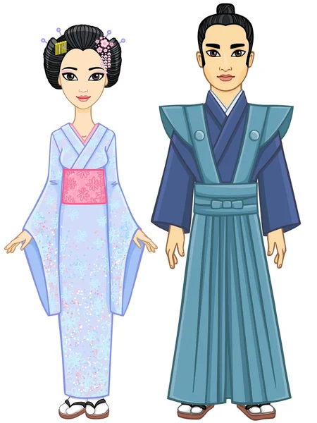 Animation Japanese couple: the man and the woman in ancient clothes. Full growth. Isolated on a white background. — Stock Vector