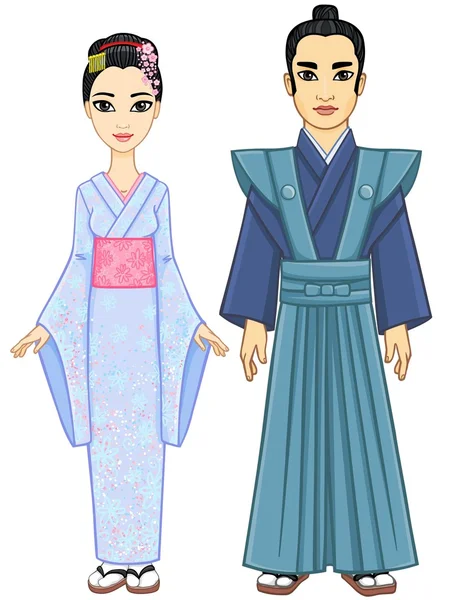 Animatie Japanse paar: de man en de vrouw in oude kleren. Volle groei. Geïsoleerd op een witte achtergrond. — Stockvector