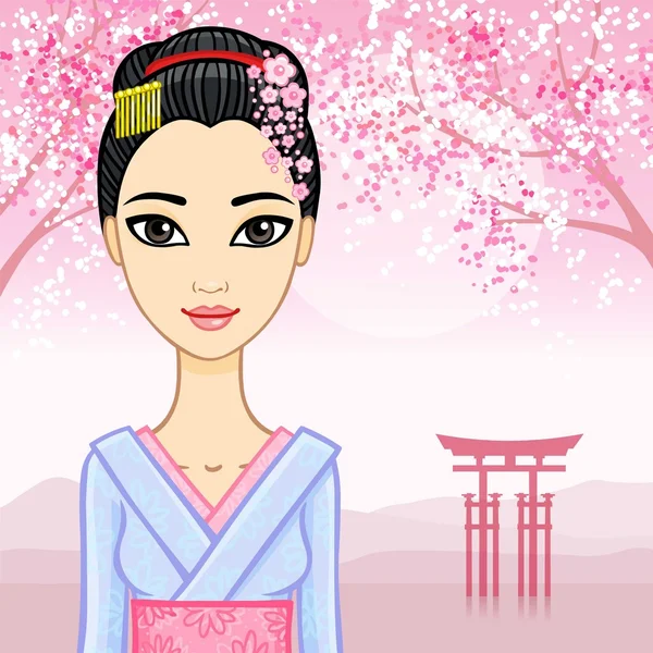 Animation beautiful Japanese girl in a traditional clothes on a oriental pink landscape. — Stock Vector