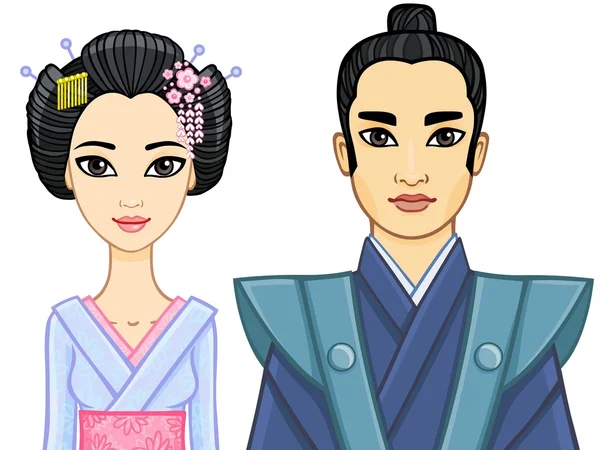 Animationsporträt einer japanischen Familie. Geisha und Samurai. isoliert auf weißem Hintergrund. — Stockvektor