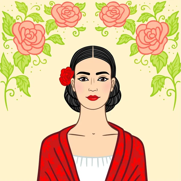 Retrato de la mujer morena con un peinado antiguo — Vector de stock