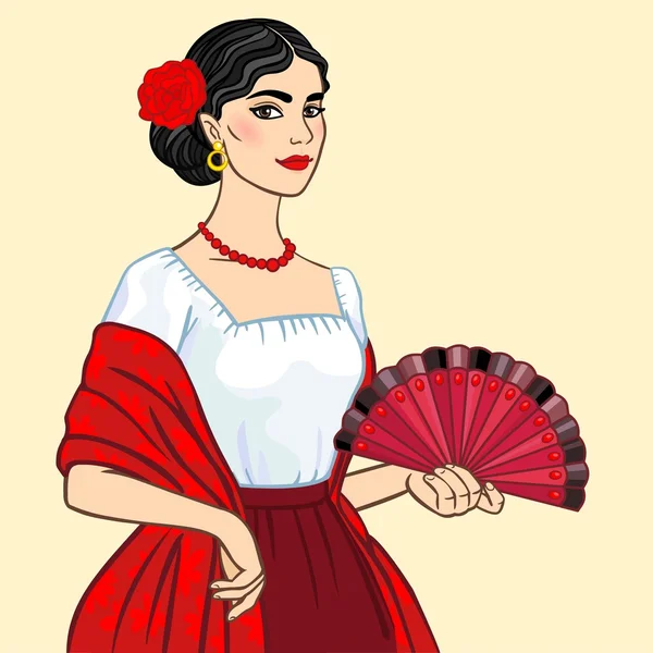 Retrato de la mujer morena vestida con ropa nacional antigua con abanico — Vector de stock