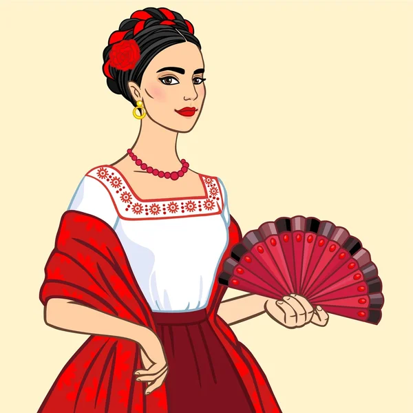 Retrato de la mujer morena vestida con ropa nacional antigua con abanico — Archivo Imágenes Vectoriales