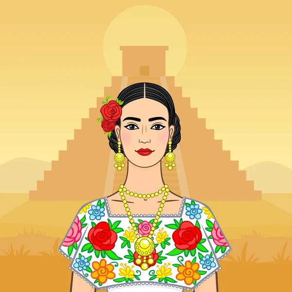 Belle Mexicaine vêtue de vêtements nationaux. Un fond - une pyramide Maya . — Image vectorielle