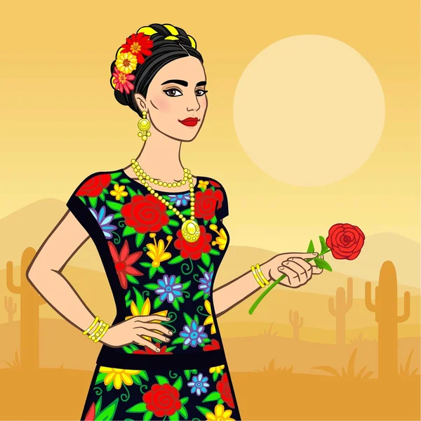 Hermosa mujer mexicana con ropa nacional. Fondo - el desierto . — Archivo Imágenes Vectoriales